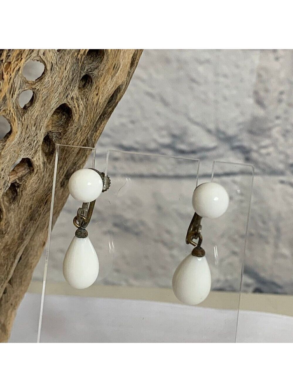 Vintage 50s Milk Glass Dangle Screw Back Earrings